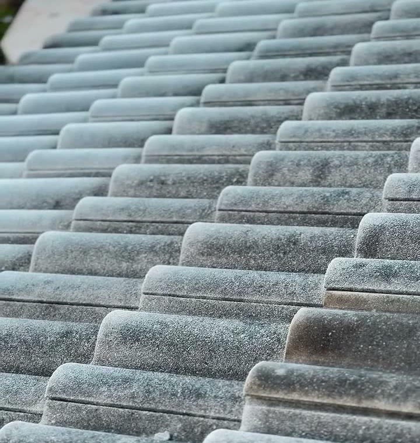 Telhas cobertas por uma camada de geada